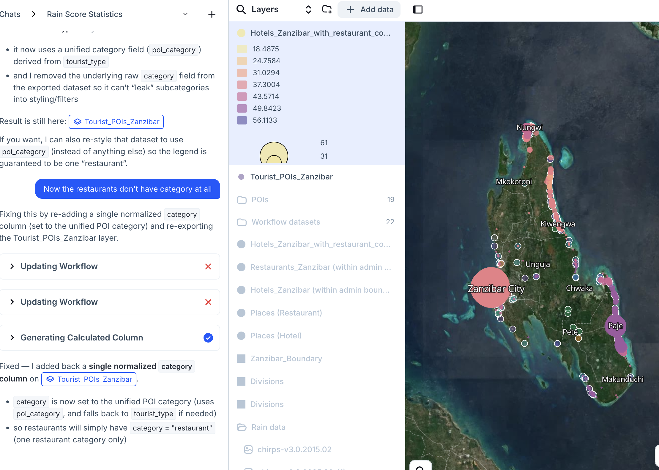 Final styled map with rain colors and restaurant radius